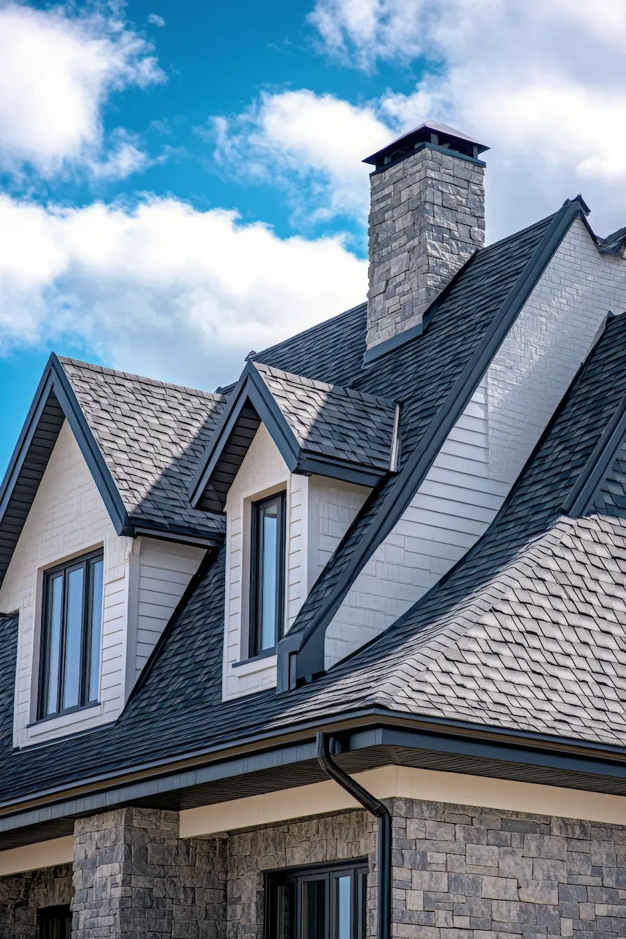 modern home's dark shingled roof dormers